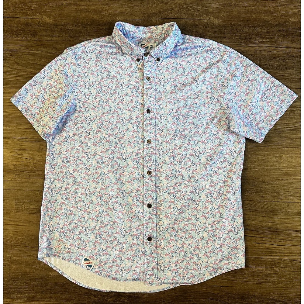 Bermies Men's Casual Button Down Shirt Short Sleeve Mens XL Fish Boho F27
